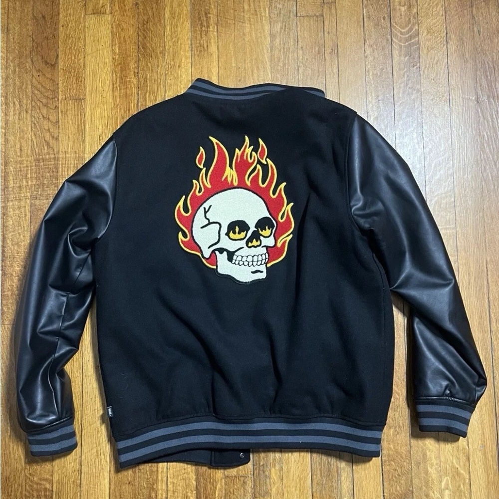 Vans Stevens Varsity Bomber Letterman Jacket Mens Size Large Flaming Skull
